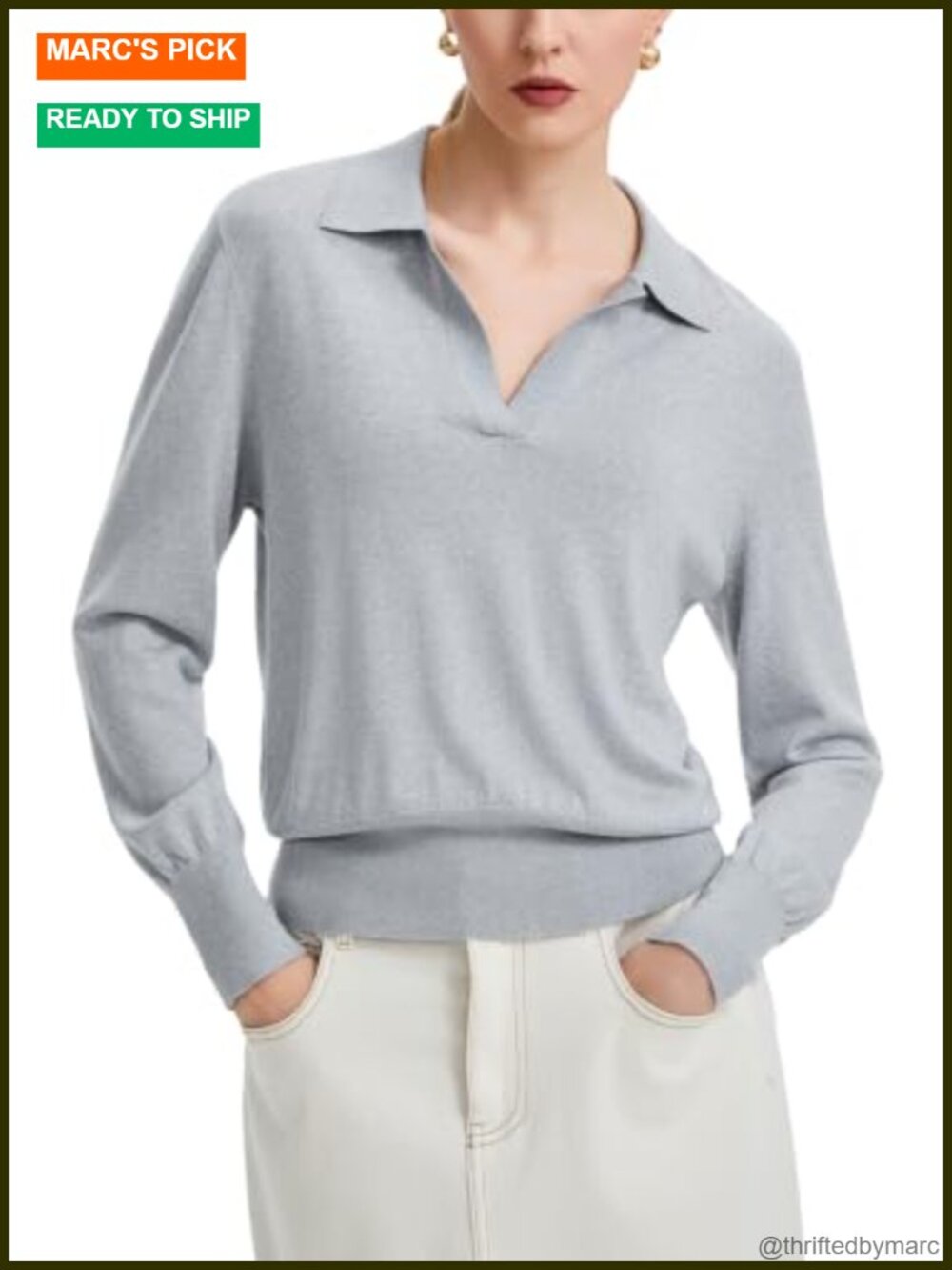 Merino Wool Polo Sweater Long Sleeve Pullover Top